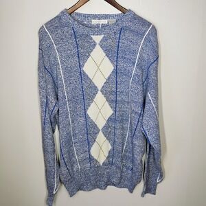 Vintage Claiborne Argyle‎ Knit Sweater Mens Large Blue Preppy Academia Golf